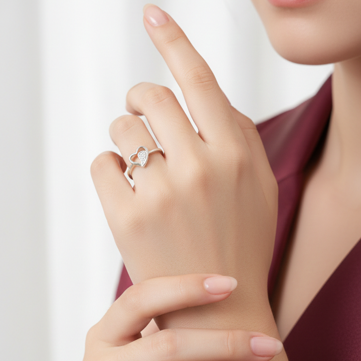 Elegant Heart-Shaped Sterling Silver Diamond Ring