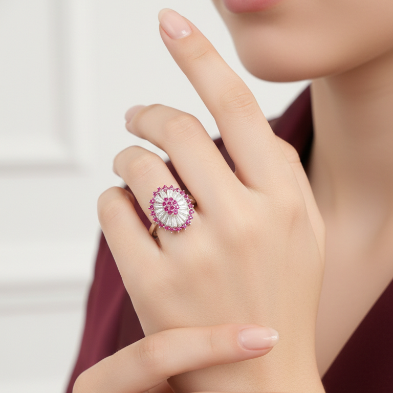 Elegant Radiant Floral Silver Ring with Ruby Accents