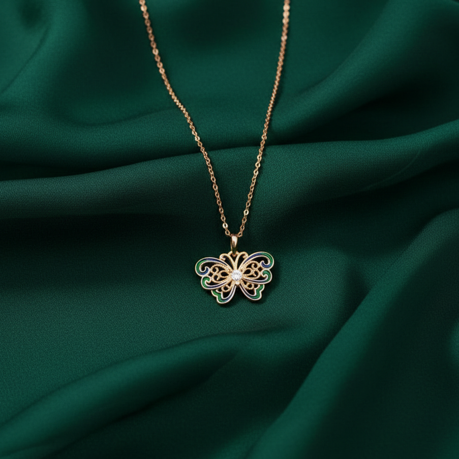 Enchanted Filigree Butterfly Pendant in Rose Gold and Enamel