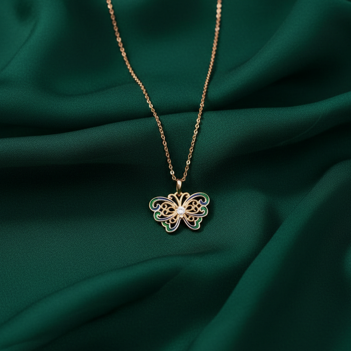 Enchanted Filigree Butterfly Pendant in Rose Gold and Enamel