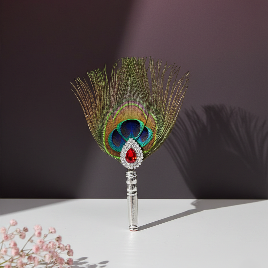 Silver Peacock Feather Kalangi with Ruby Red Stone - Balaji Jewellers