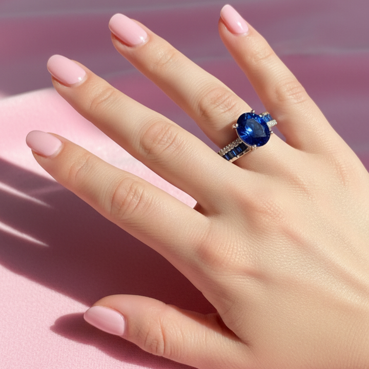 Deep Blue Oval Sapphire Diamond-Accented Ring