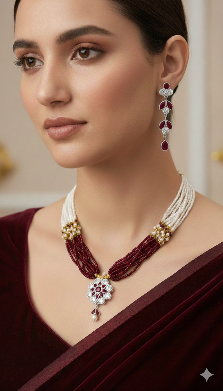 legant Maroon Pearl Floral Pendant Necklace