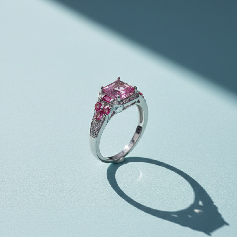 Radiant Silver Pink Zircon Halo Statement Ring for Women