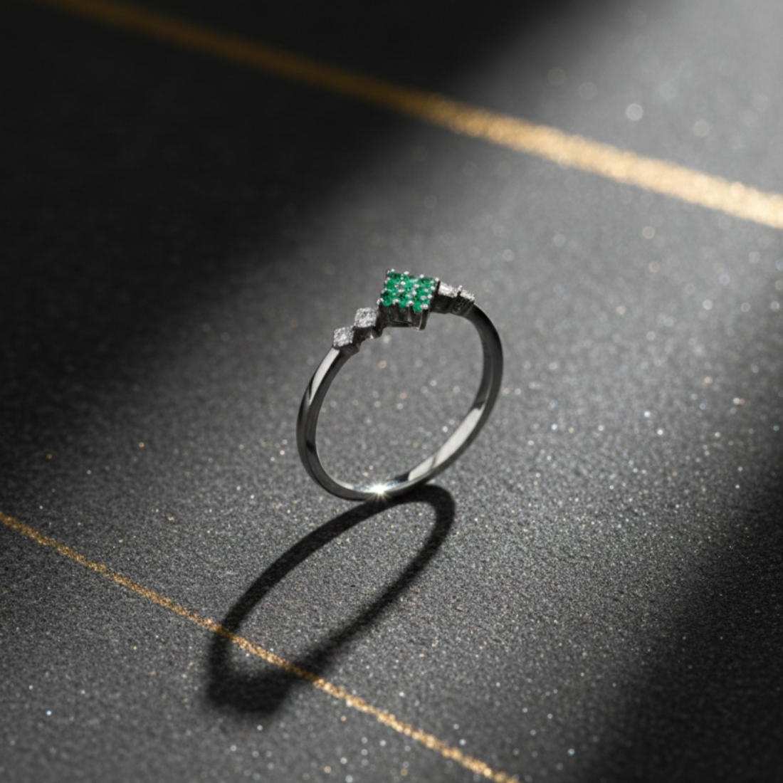 Modern Silver Ring with Square Emerald Cluster and Diamond Accents