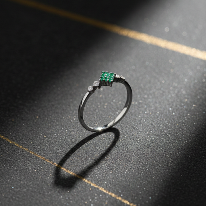 Modern Silver Ring with Square Emerald Cluster and Diamond Accents