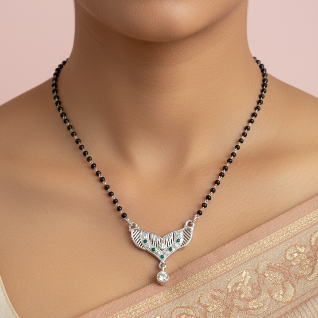 Elegant Silver Emerald Mangalsutra
