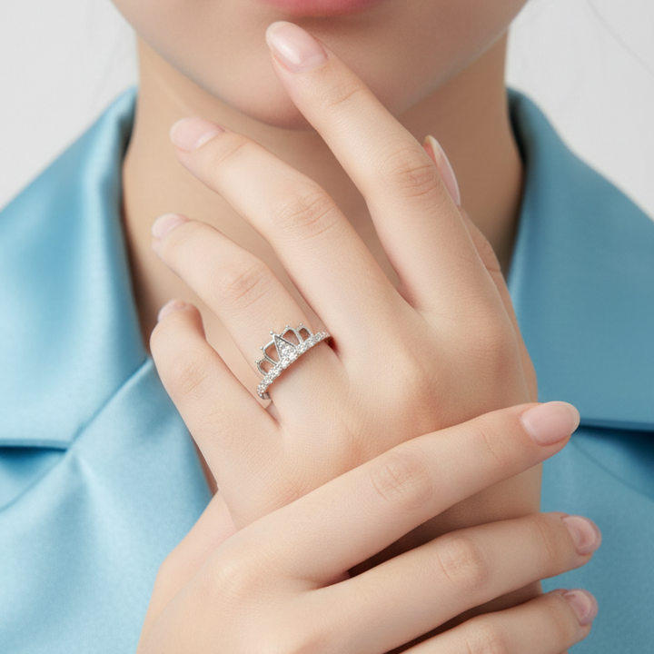 Elegant Sterling Silver Crown Tiara Ring with Sparkling Zirconia