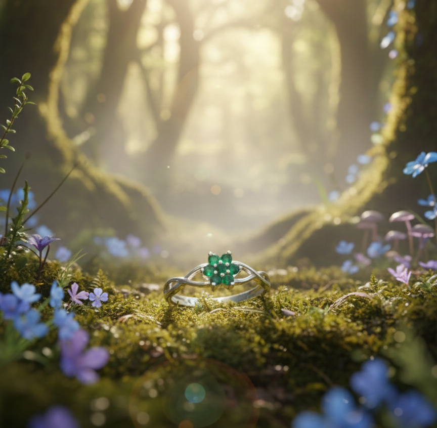 Silver Flower Ring with Braided Band and Green Gemstones