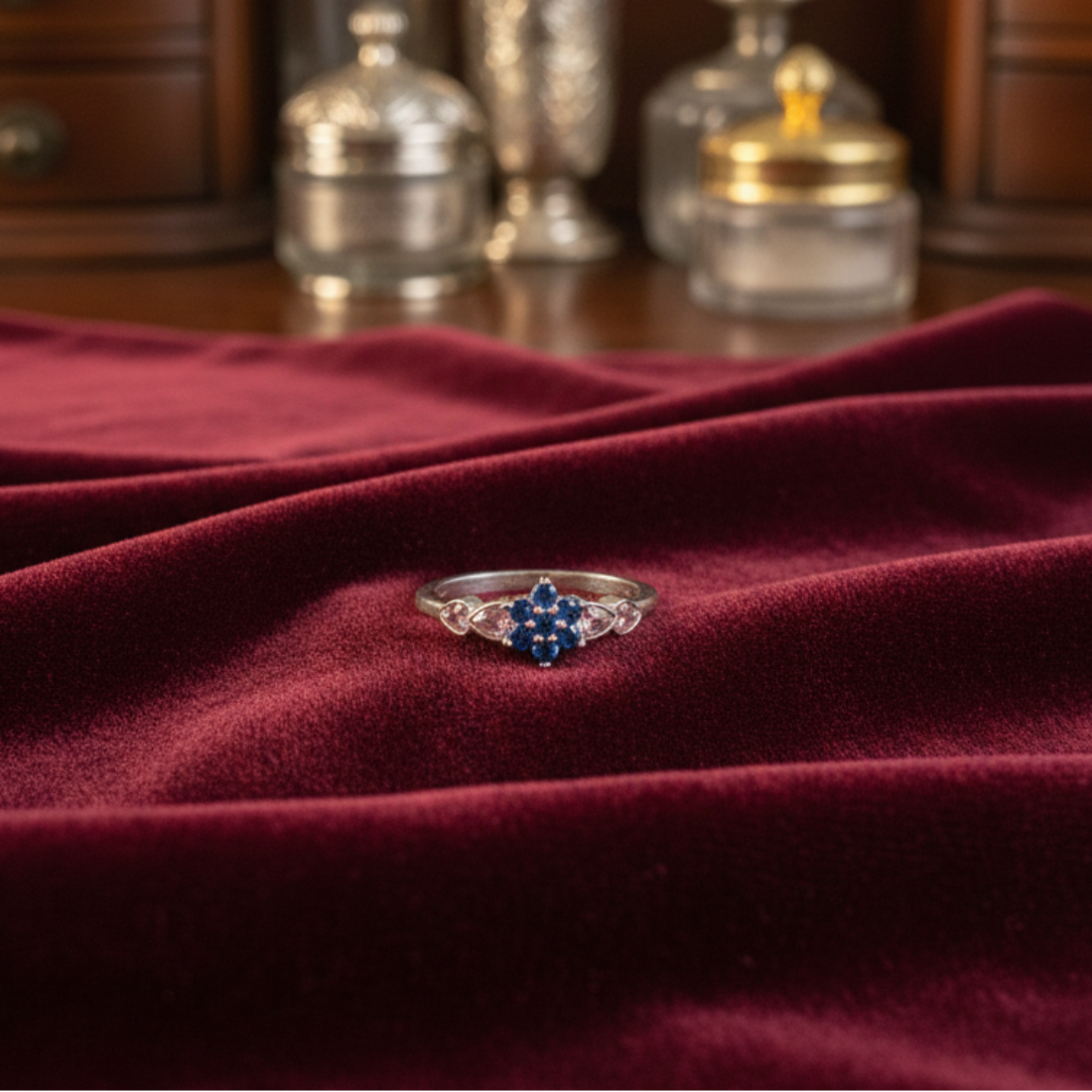 Silver Flower Ring with Blue and Pink Gemstones