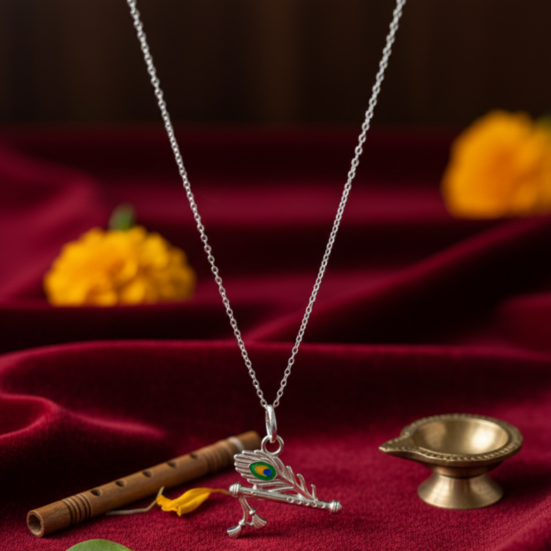 Symbolic Silver Flute and Peacock Feather Pendant.