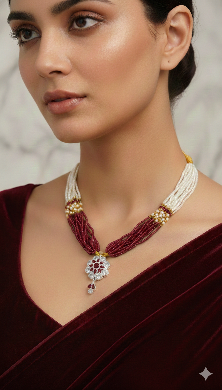 legant Maroon Pearl Floral Pendant Necklace