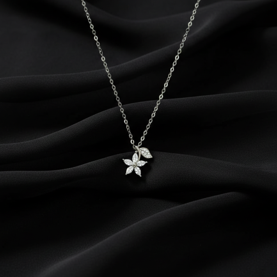 Dainty Silver Floral Marquise Zircon Pendant Necklace