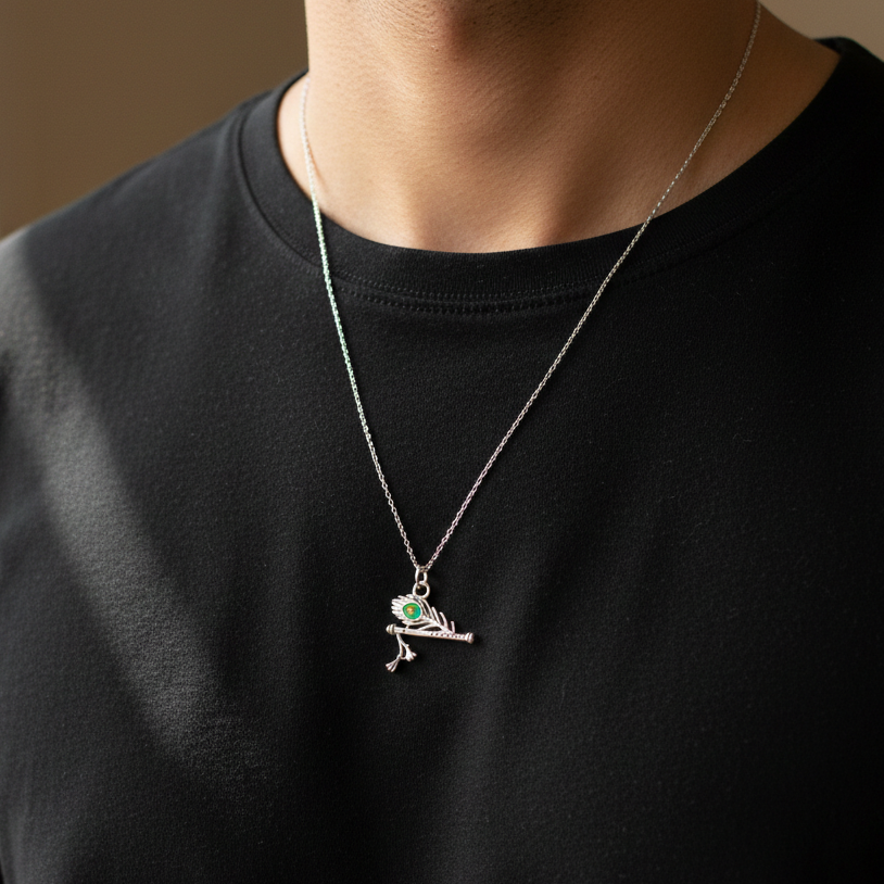Silver Flute Peacock Feather Pendant.