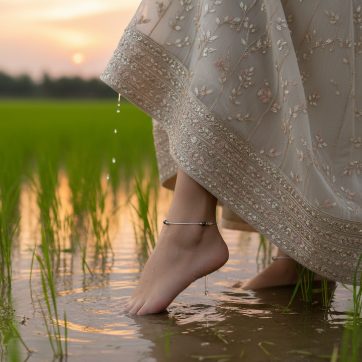 Elegant Silver Anklets with Dark Beading.
