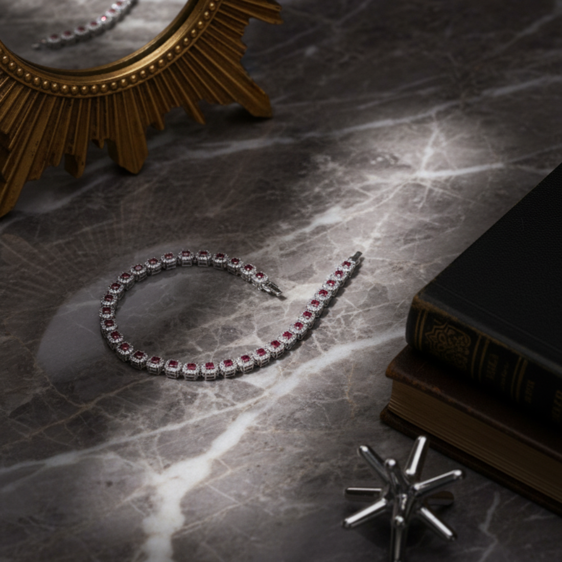 Vibrant Ruby Halo Tennis Bracelet in Sterling Silver