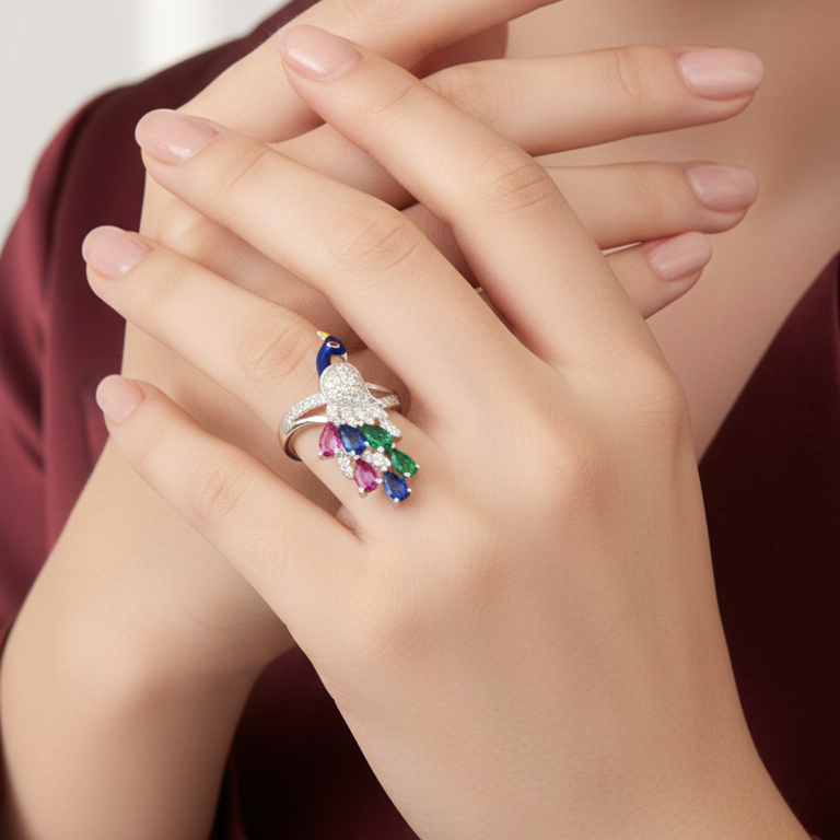 Exquisite Silver Peacock Adjustable Ring with Vibrant Multicolored Gemstones