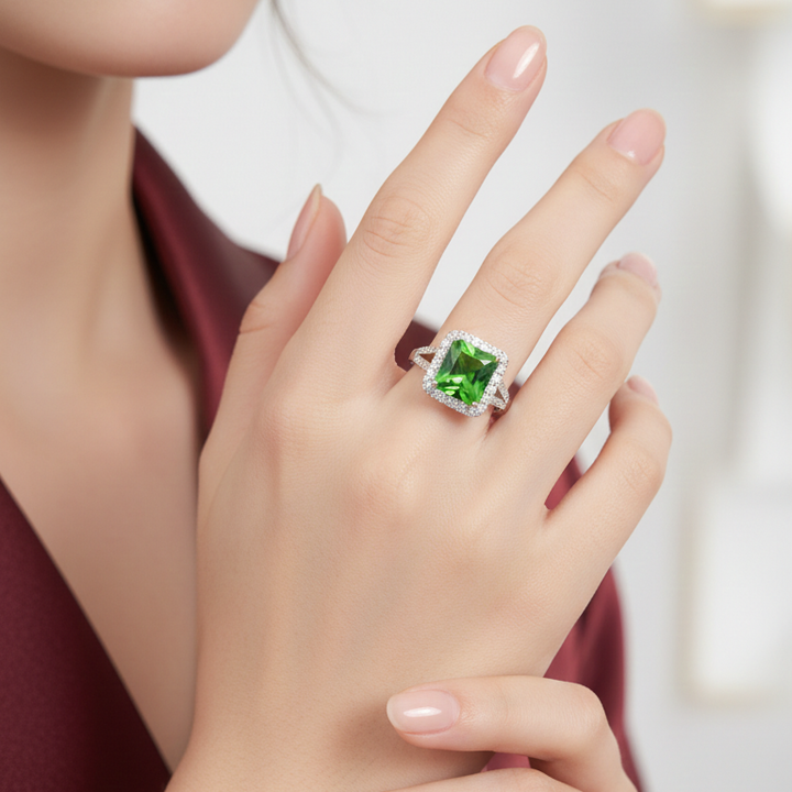 Elegant Square-Cut Peridot Green Gemstone Ring in Sterling Silver