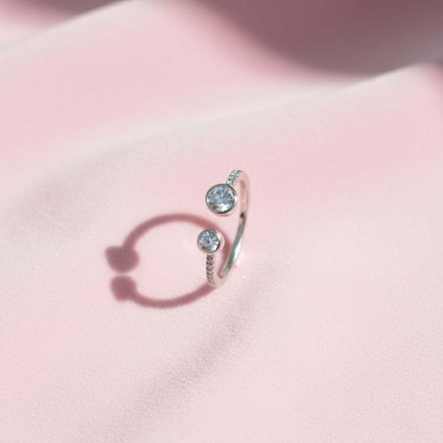 Dazzling Two-Stone Silver Open Cuff Ring