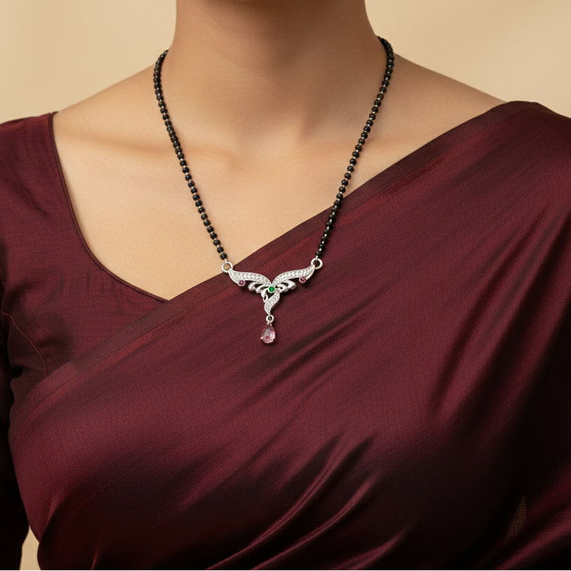 Elegant Silver Mangalsutra with Gemstones and Teardrop