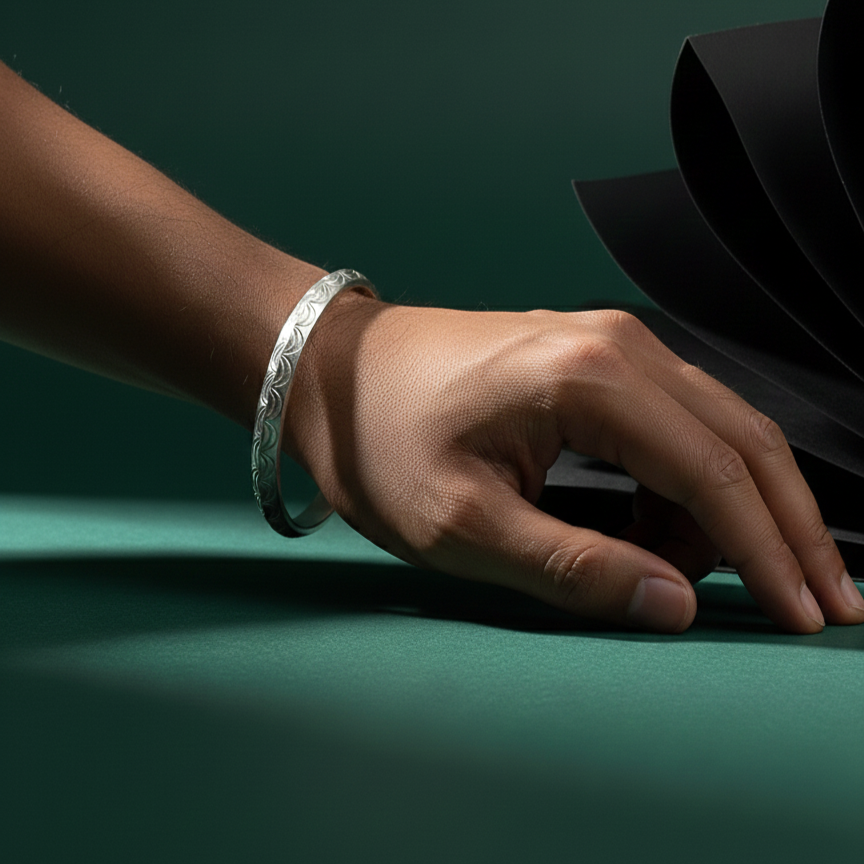 Engraved Sterling Silver Wave Pattern Kada