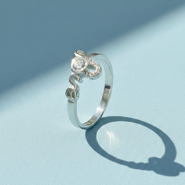 Elegant Silver "Love" Script Ring with Sparkling Cubic Zirconia Accent