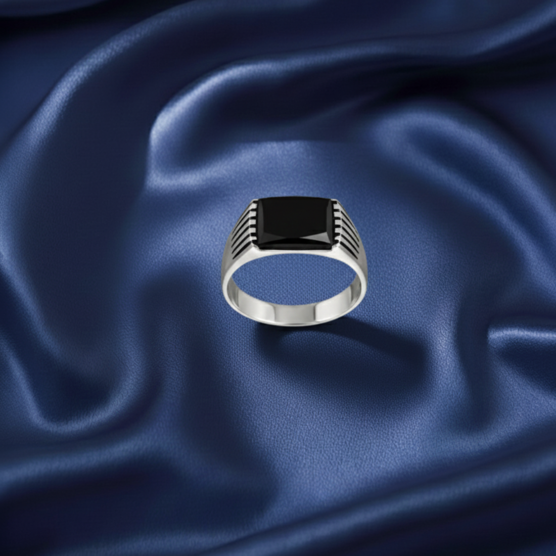 Bold Silver Signet Ring Black Stone.