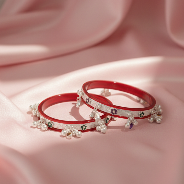 Elegant Red Lacquer Bangles with Silver Charms