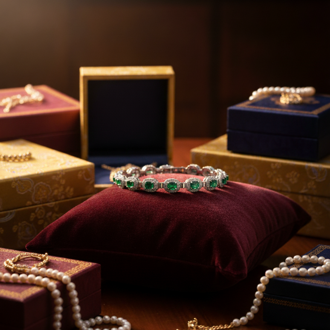 Exquisite Emerald and Diamond Halo Tennis Bracelet