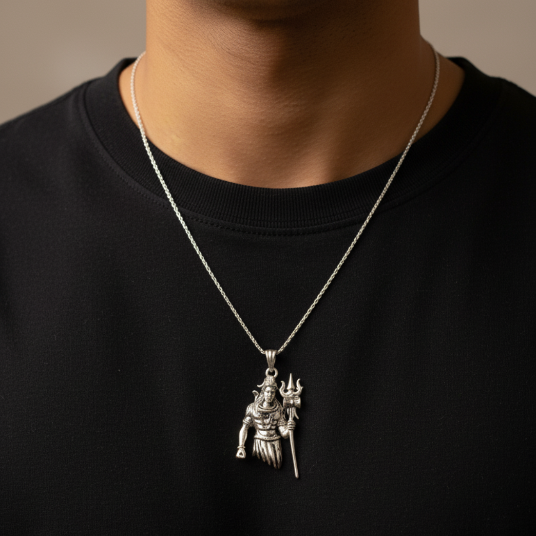 Oxidized Silver Lord Shiva Pendant with Trishul and Damru