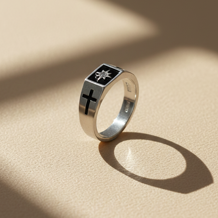 Celestial North Star & Cross Inset Signet Ring