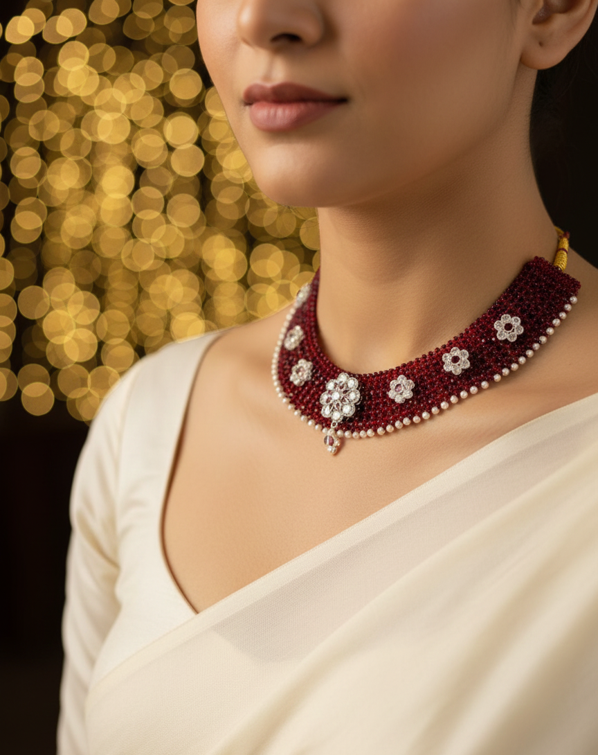 Exquisite Beaded Choker with Diamond-Look Floral Motifs