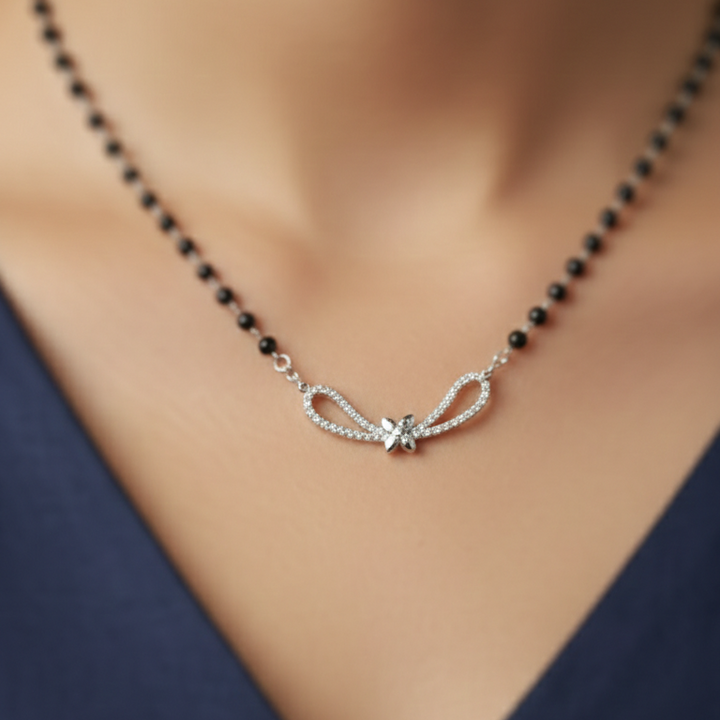 Elegant Silver Butterfly Infinity Mangalsutra with Black Beaded Chain