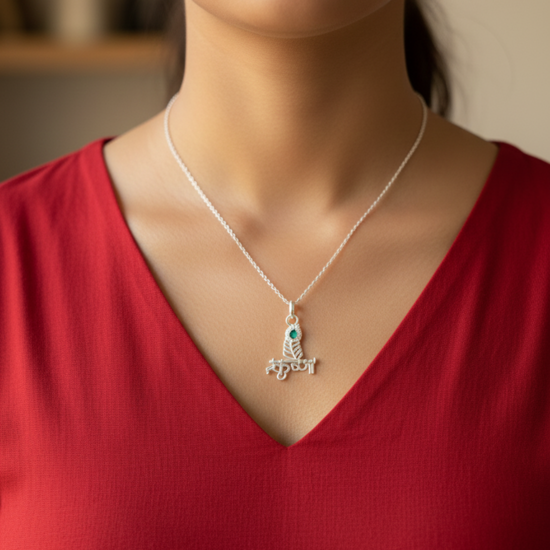 Sterling Silver Krishna Flute and Peacock Feather Pendant