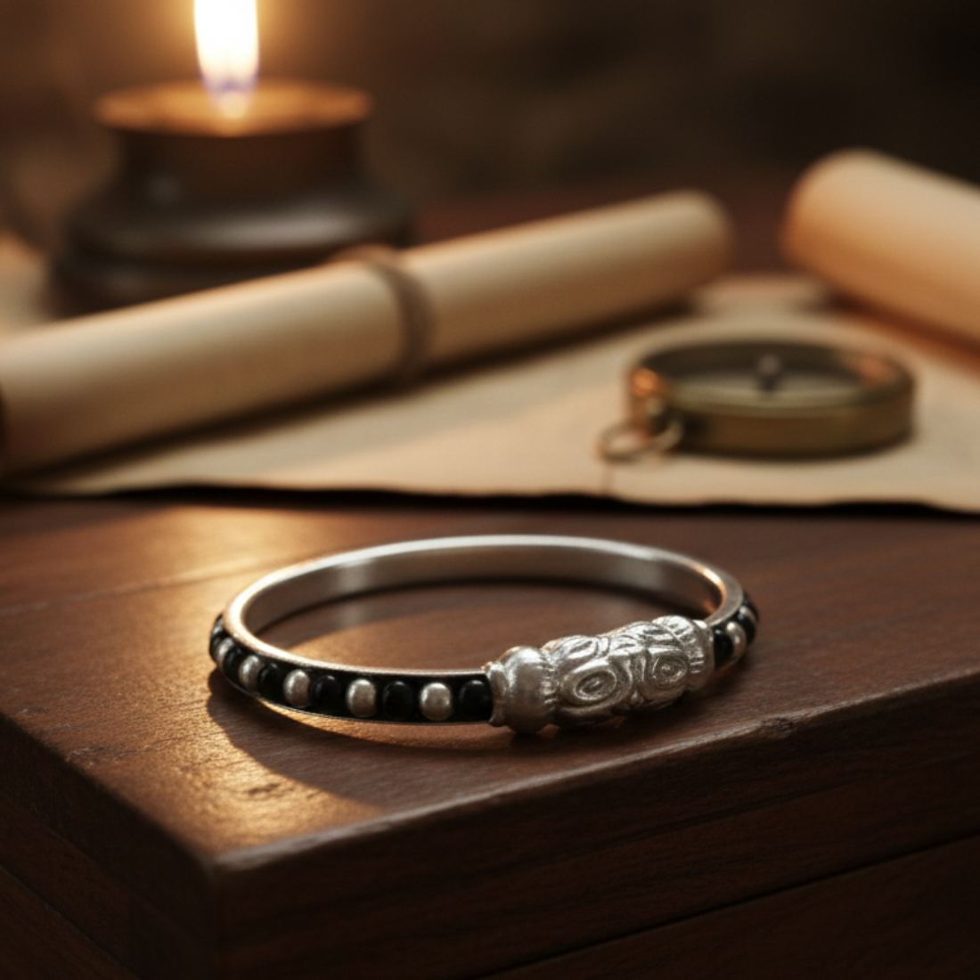 Ornate silver-toned baby kada bracelet with black bead accents.