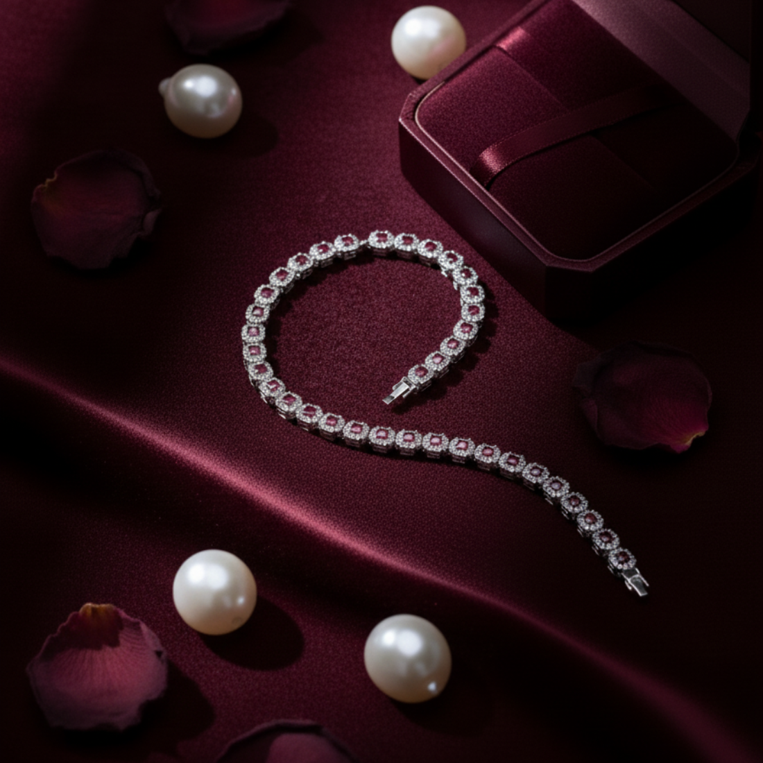 Vibrant Ruby Halo Tennis Bracelet in Sterling Silver