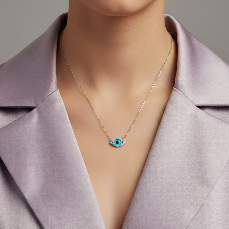 Evil Eye Turquoise Zirconia Pendant Sterling Silver Necklace