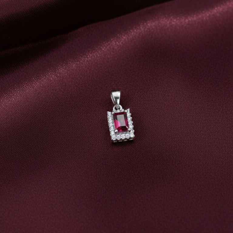Emerald-Cut Crimson Ruby Halo Pendant in Sterling Silver