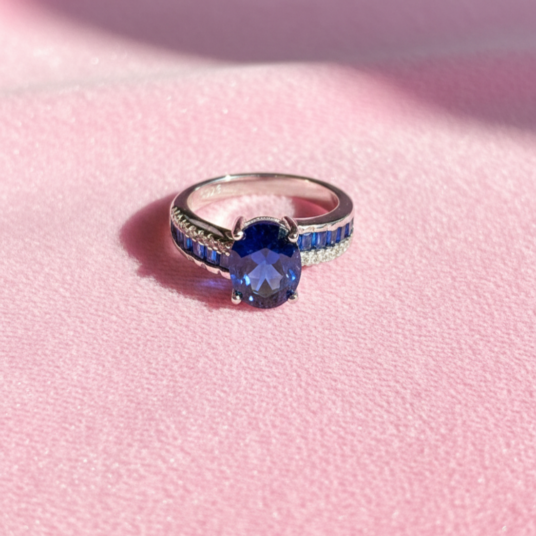 Deep Blue Oval Sapphire Diamond-Accented Ring