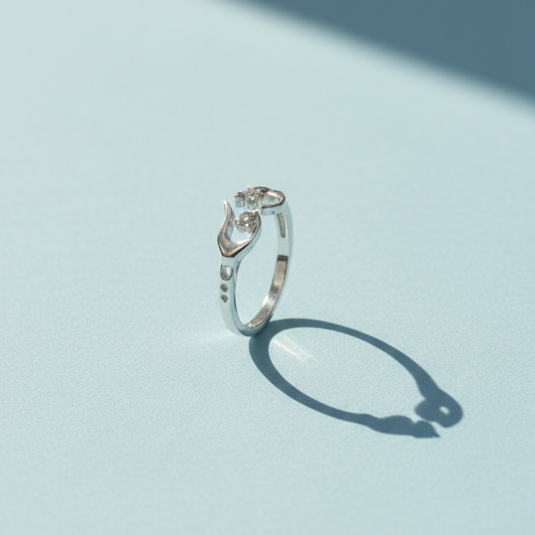 Silver Open-Heart Adjustable Ring with Sparkling Accents