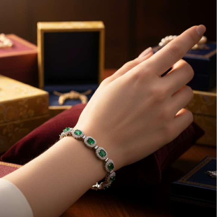 Exquisite Emerald and Diamond Halo Tennis Bracelet