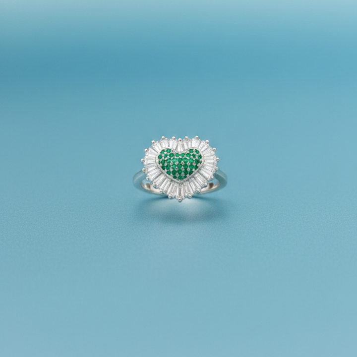 Enchanted Heart: Silver Halo Ring with Green Centerpiece