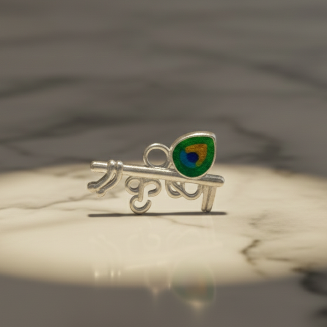 Sterling Silver Krishna Flute and Peacock Feather Devotional Pendant