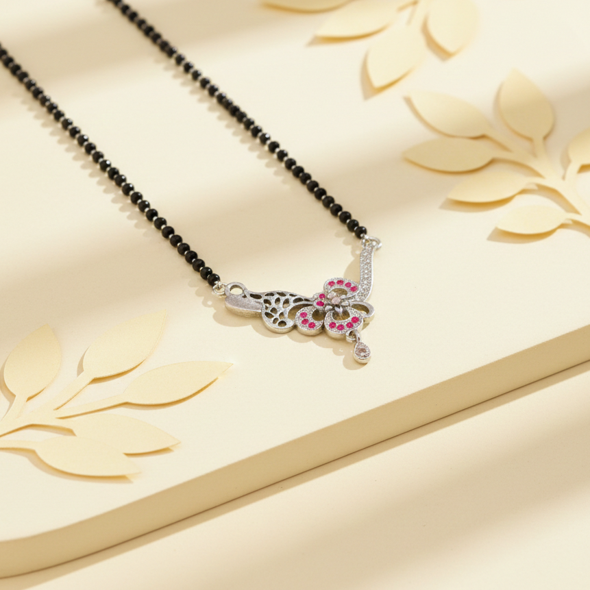 Floral Elegance Silver Mangalsutra with Pink Accents