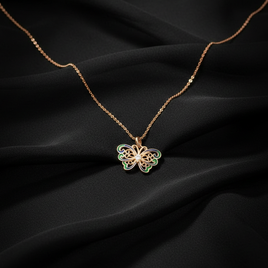 Enchanted Filigree Butterfly Pendant in Rose Gold and Enamel