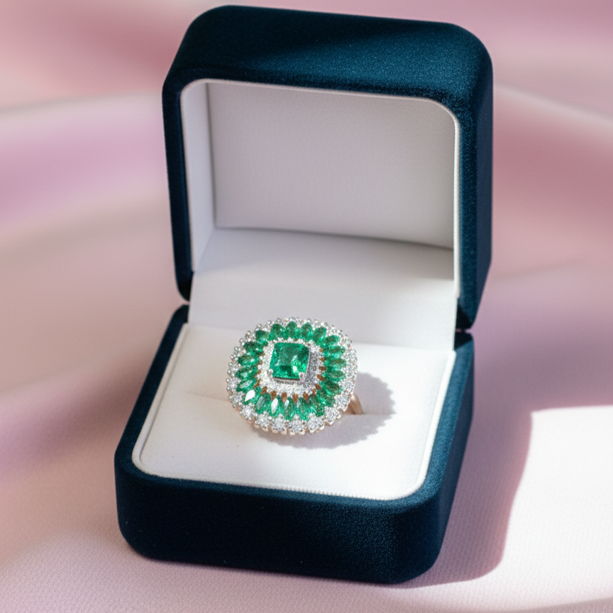 Green Emerald Bloom Diamond Cocktail Ring