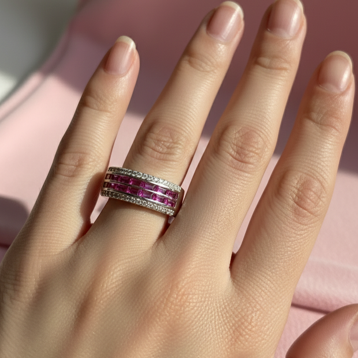 Vibrant Pink Baguette Gemstone Pave Band Ring