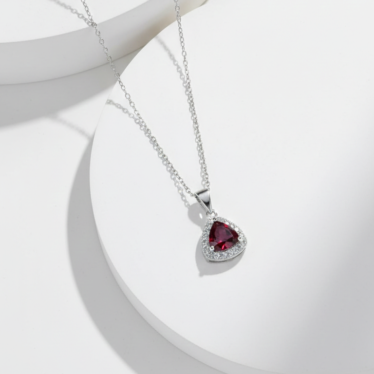 Ruby Radiance Trillion Cut Sterling Silver Halo Chain Pendent