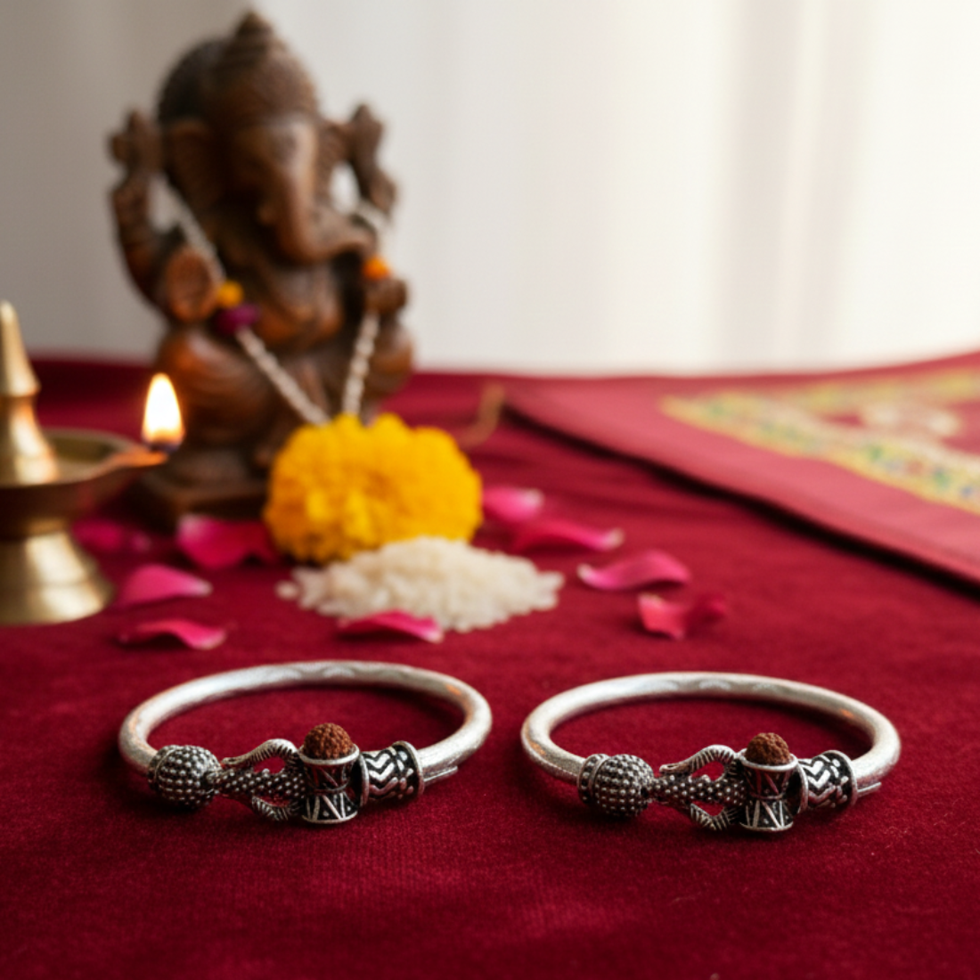 Divine Protection Silver Adjustable Baby Kada with Rudraksha & Trishul Motifs.