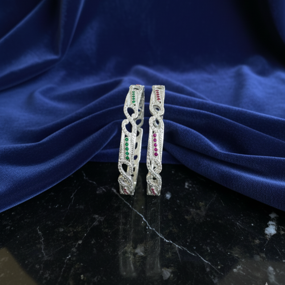 Elegant Ruby Emerald Cutout Silver Bangles